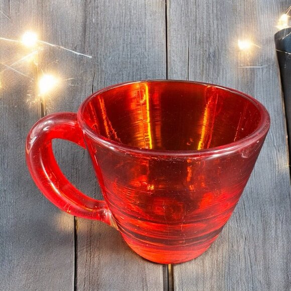 Antique Hand Blown Glass Cup Mug Set 2 Red Thick Heavy Glass Mugs Cups Vintage - Picture 2 of 16